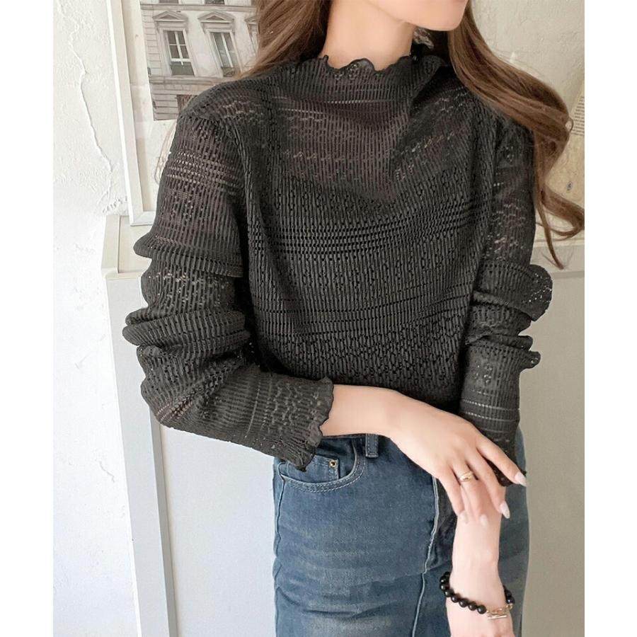 トップス Tシャツ レディース 華やか 薄手 レース プリーツ メロー メロウ ハイネック プルオーバー ボリューム 袖 華奢魅せ レイヤードコーデ | classicalelf | 15