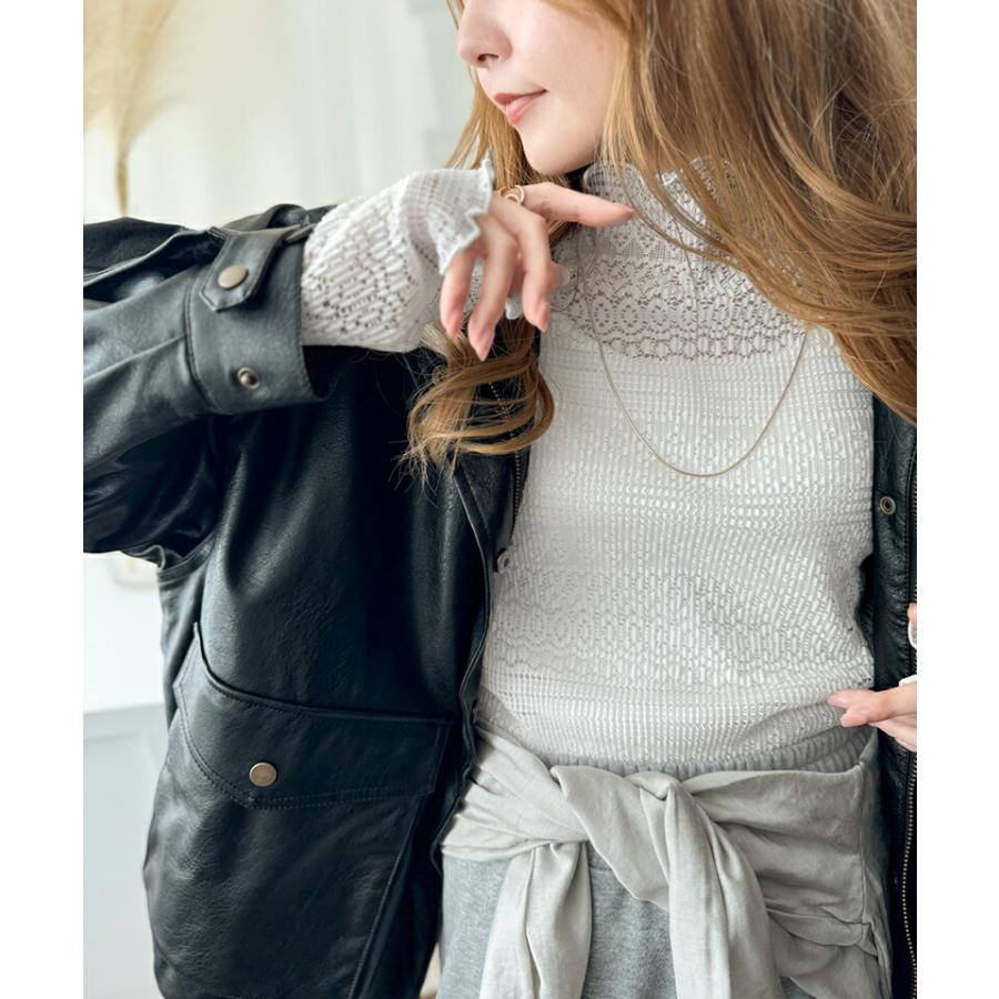 トップス Tシャツ レディース 華やか 薄手 レース プリーツ メロー メロウ ハイネック プルオーバー ボリューム 袖 華奢魅せ レイヤードコーデ | classicalelf | 04