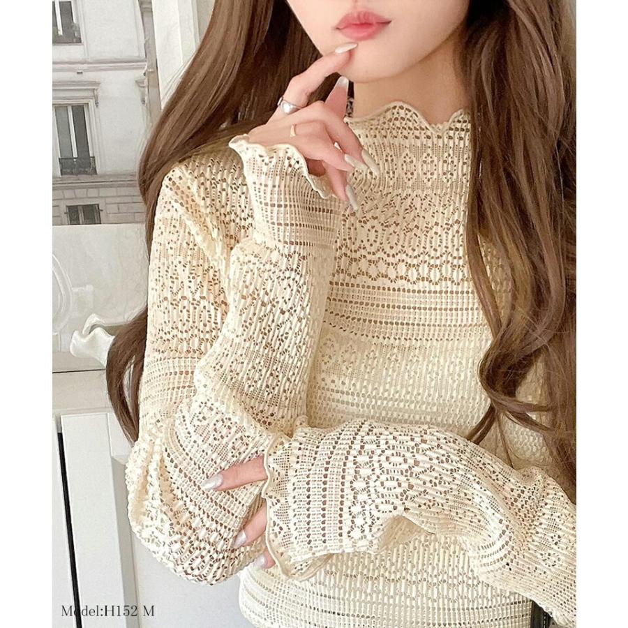トップス Tシャツ レディース 華やか 薄手 レース プリーツ メロー メロウ ハイネック プルオーバー ボリューム 袖 華奢魅せ レイヤードコーデ | classicalelf | 06