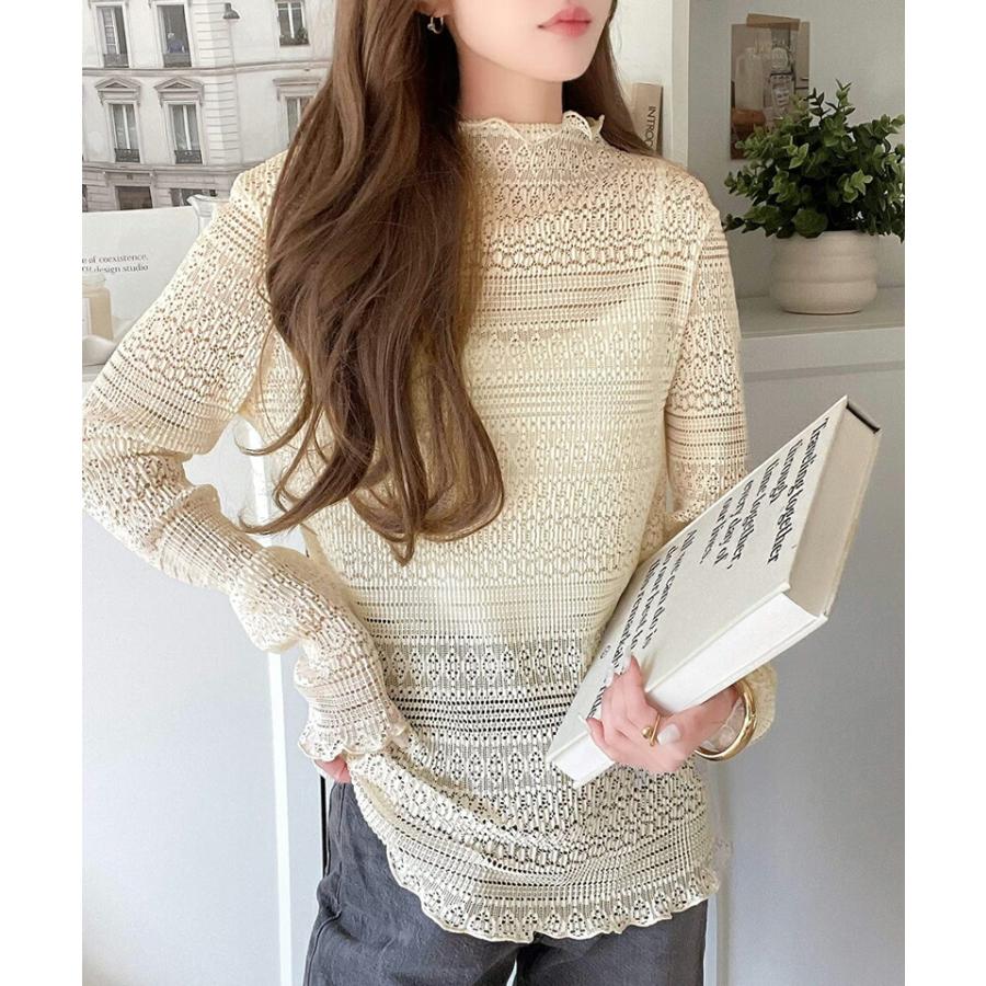 トップス Tシャツ レディース 華やか 薄手 レース プリーツ メロー メロウ ハイネック プルオーバー ボリューム 袖 華奢魅せ レイヤードコーデ | classicalelf | 08