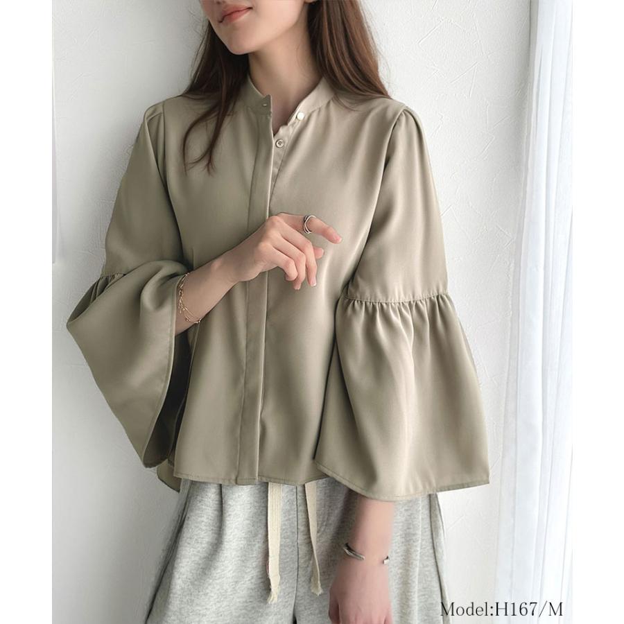 トップス ブラウス レディース フレア スリーブ バンド カラー シャツ 長袖 ゆるっと オーバーサイズ 羽織り レイヤードコーデ 二の腕カバー | classicalelf | 10