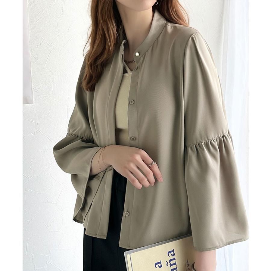 トップス ブラウス レディース フレア スリーブ バンド カラー シャツ 長袖 ゆるっと オーバーサイズ 羽織り レイヤードコーデ 二の腕カバー | classicalelf | 11