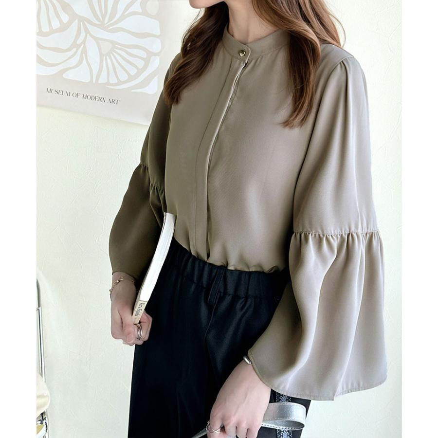 トップス ブラウス レディース フレア スリーブ バンド カラー シャツ 長袖 ゆるっと オーバーサイズ 羽織り レイヤードコーデ 二の腕カバー | classicalelf | 12
