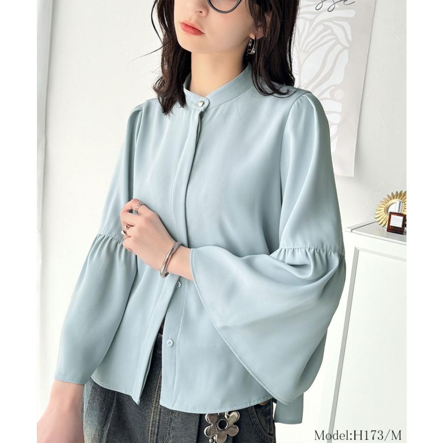 トップス ブラウス レディース フレア スリーブ バンド カラー シャツ 長袖 ゆるっと オーバーサイズ 羽織り レイヤードコーデ 二の腕カバー | classicalelf | 13