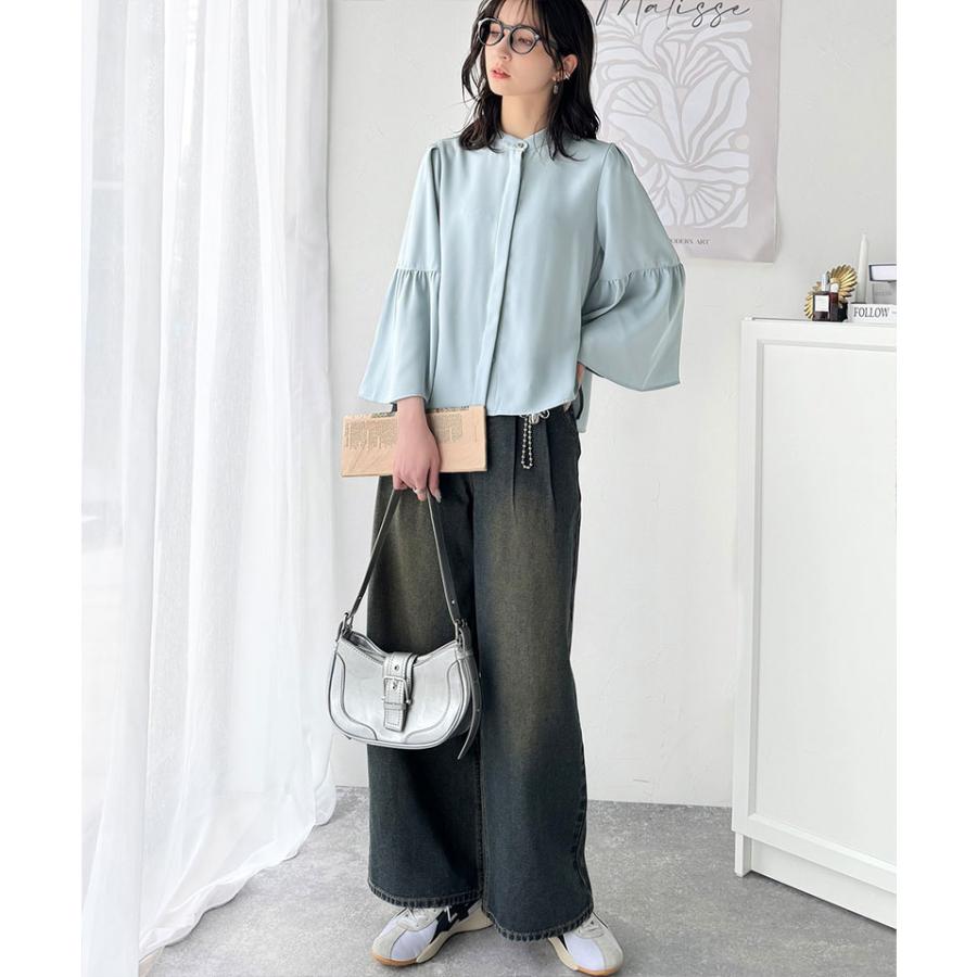 トップス ブラウス レディース フレア スリーブ バンド カラー シャツ 長袖 ゆるっと オーバーサイズ 羽織り レイヤードコーデ 二の腕カバー | classicalelf | 14