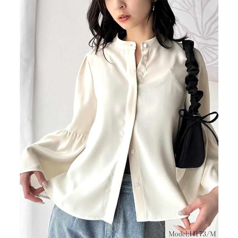 トップス ブラウス レディース フレア スリーブ バンド カラー シャツ 長袖 ゆるっと オーバーサイズ 羽織り レイヤードコーデ 二の腕カバー | classicalelf | 02