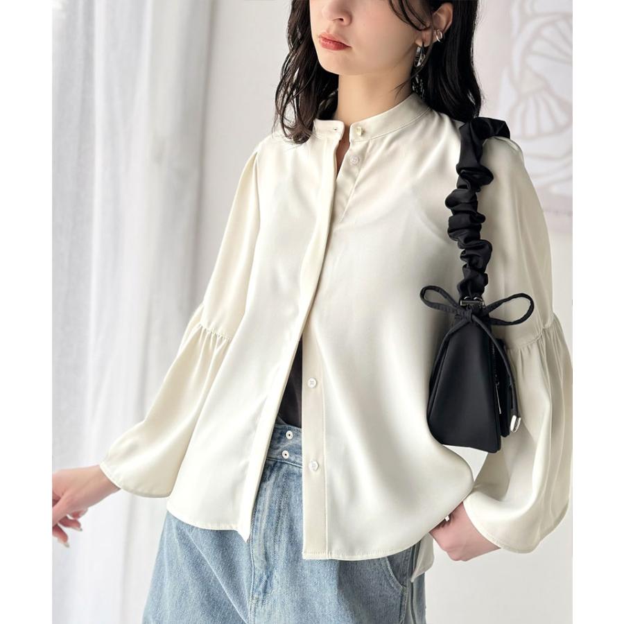 トップス ブラウス レディース フレア スリーブ バンド カラー シャツ 長袖 ゆるっと オーバーサイズ 羽織り レイヤードコーデ 二の腕カバー | classicalelf | 03