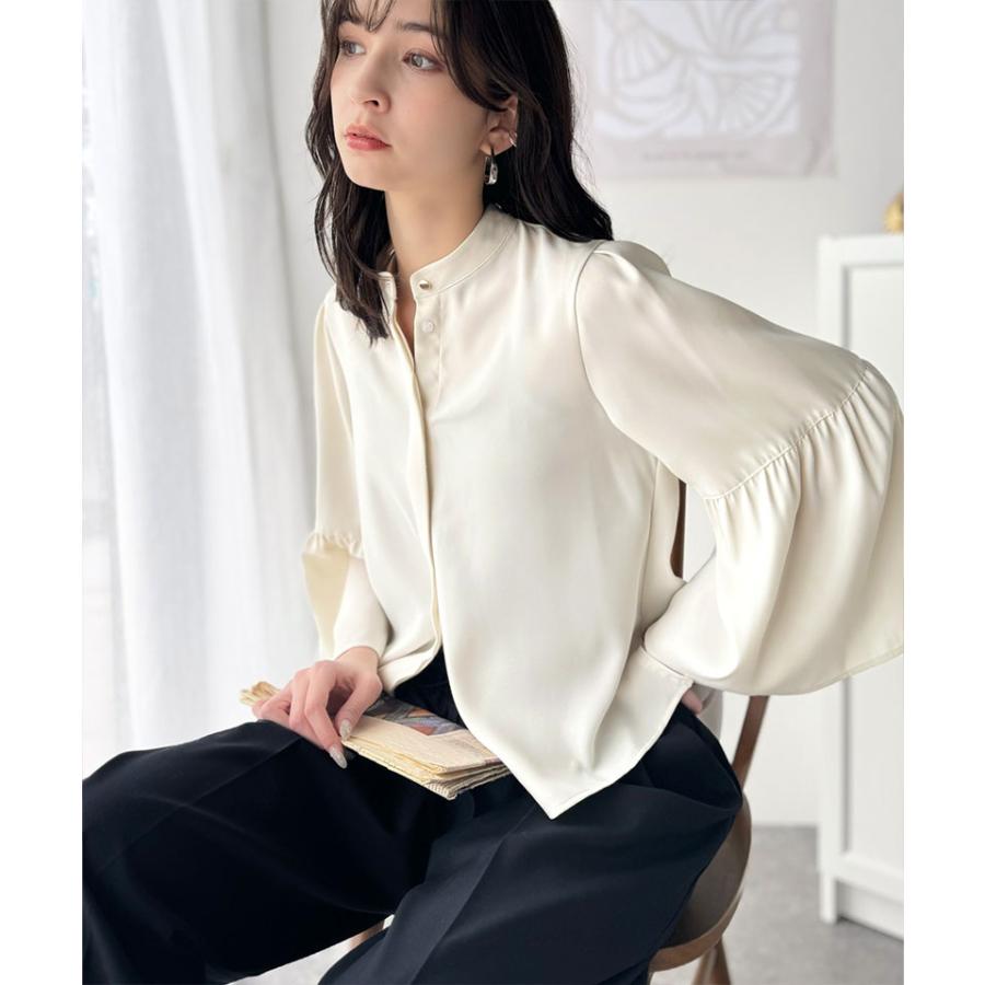 トップス ブラウス レディース フレア スリーブ バンド カラー シャツ 長袖 ゆるっと オーバーサイズ 羽織り レイヤードコーデ 二の腕カバー | classicalelf | 04