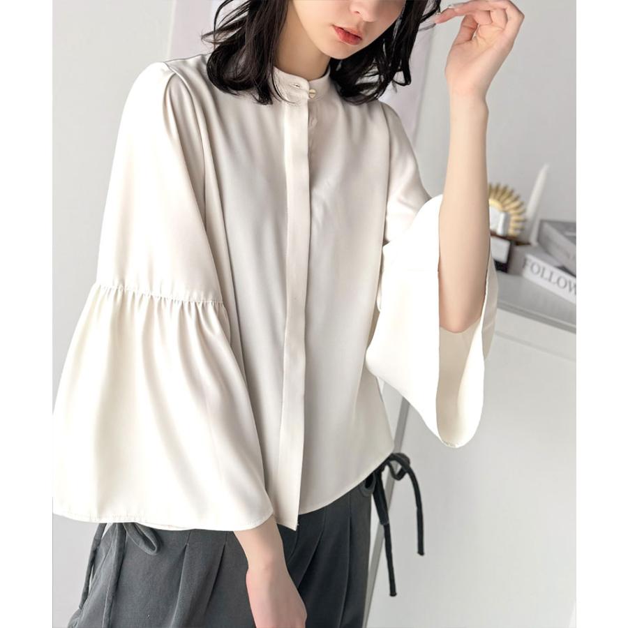 トップス ブラウス レディース フレア スリーブ バンド カラー シャツ 長袖 ゆるっと オーバーサイズ 羽織り レイヤードコーデ 二の腕カバー | classicalelf | 05