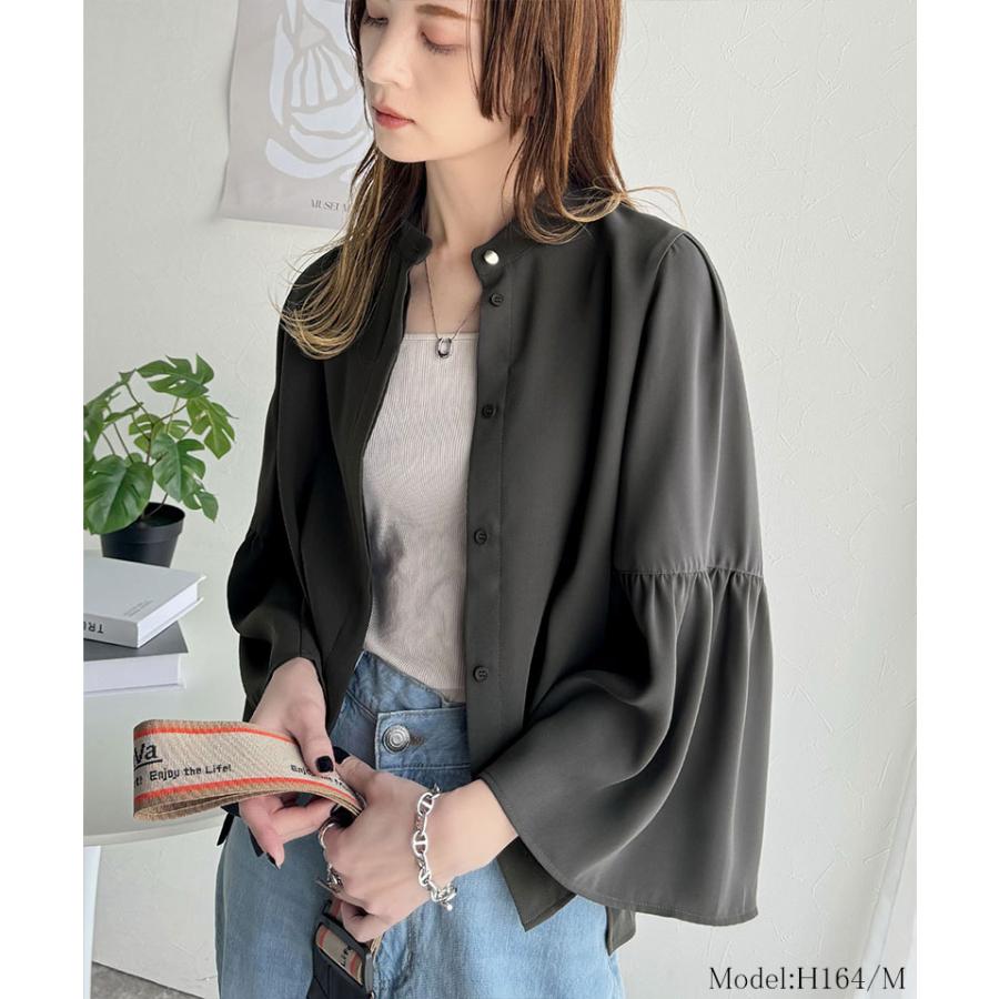 トップス ブラウス レディース フレア スリーブ バンド カラー シャツ 長袖 ゆるっと オーバーサイズ 羽織り レイヤードコーデ 二の腕カバー | classicalelf | 06