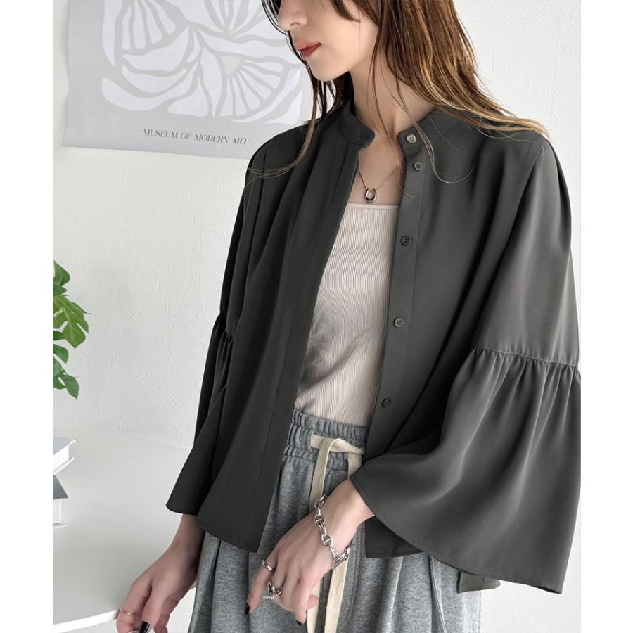 トップス ブラウス レディース フレア スリーブ バンド カラー シャツ 長袖 ゆるっと オーバーサイズ 羽織り レイヤードコーデ 二の腕カバー | classicalelf | 07