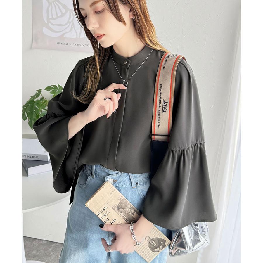 トップス ブラウス レディース フレア スリーブ バンド カラー シャツ 長袖 ゆるっと オーバーサイズ 羽織り レイヤードコーデ 二の腕カバー | classicalelf | 08