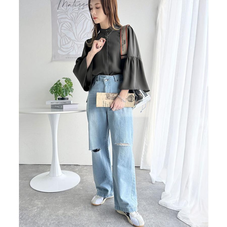 トップス ブラウス レディース フレア スリーブ バンド カラー シャツ 長袖 ゆるっと オーバーサイズ 羽織り レイヤードコーデ 二の腕カバー | classicalelf | 09