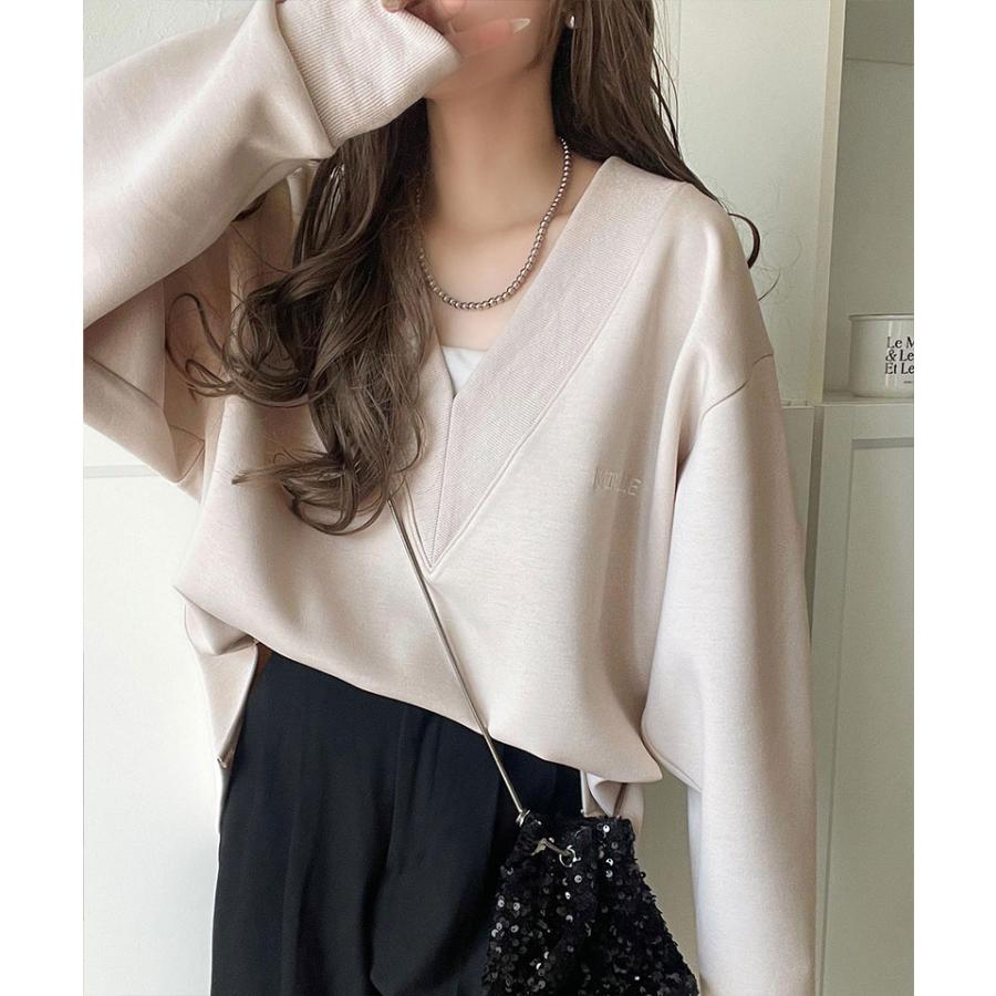 【 クラシカルエルフ classical elf 】スウェット レディース トップス 抜け感 深め V ネック 胸 刺繍 ダンボール ニットトップス 長袖 オーバーサイズ | classicalelf | 13