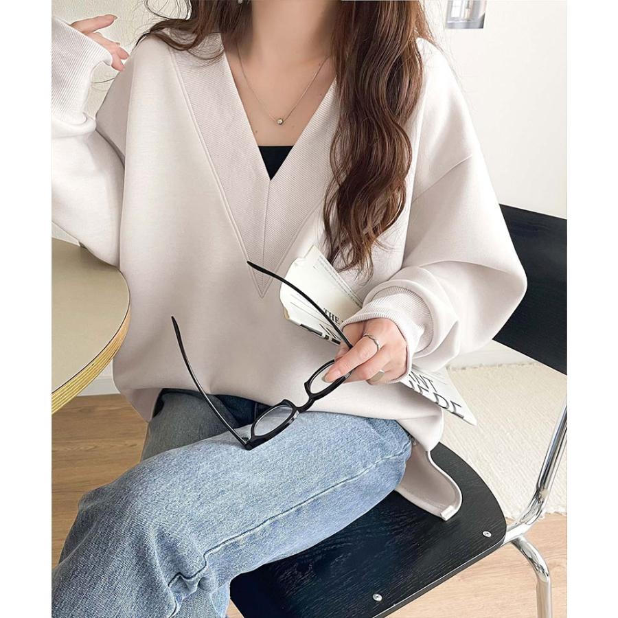 【 クラシカルエルフ classical elf 】スウェット レディース トップス リブ 切替 V ネック ダンボール カットソー 長袖 オーバーサイズ 大きいサイズ | classicalelf | 12