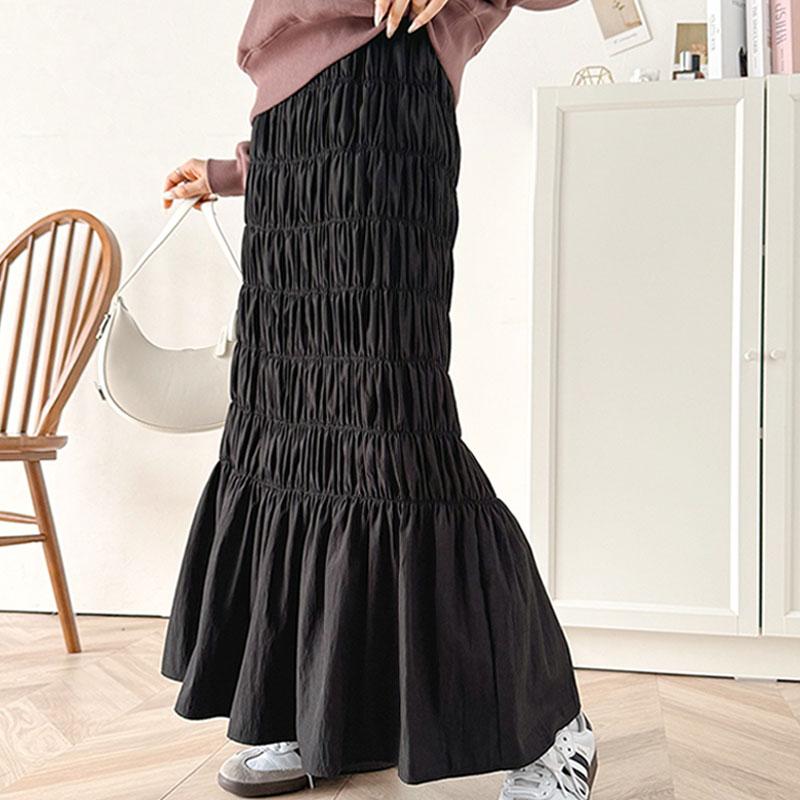 ボトムス スカート レディース マーメイド 風 たっぷり ギャザー シャーリング ナロー ロングスカート ウエスト ゴム 仕様 鷹見え 光沢感 | classicalelf