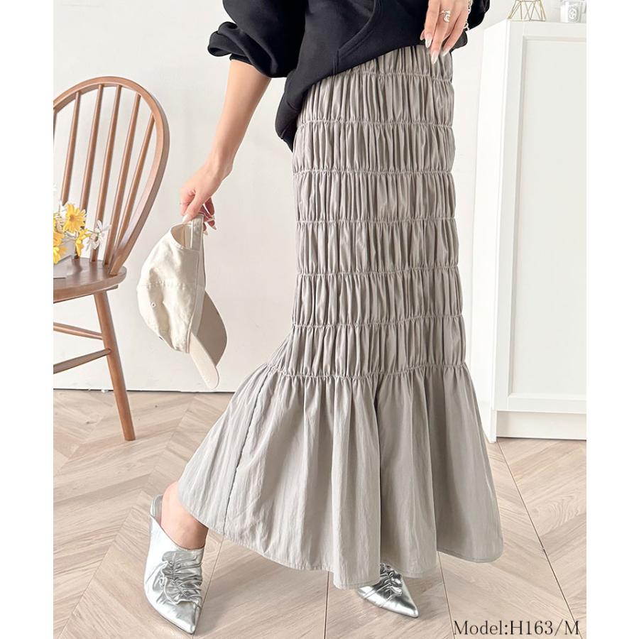 ボトムス スカート レディース マーメイド 風 たっぷり ギャザー シャーリング ナロー ロングスカート ウエスト ゴム 仕様 鷹見え 光沢感 | classicalelf | 11
