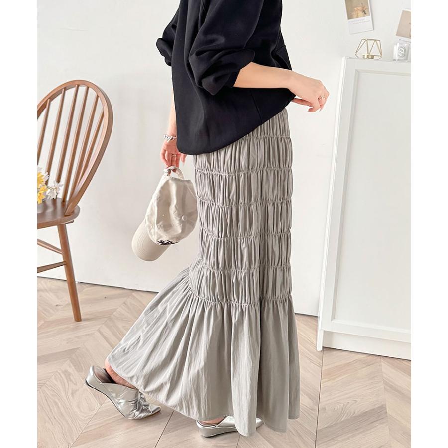 ボトムス スカート レディース マーメイド 風 たっぷり ギャザー シャーリング ナロー ロングスカート ウエスト ゴム 仕様 鷹見え 光沢感 | classicalelf | 13