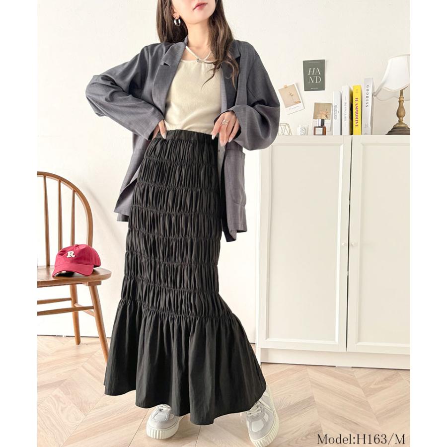 ボトムス スカート レディース マーメイド 風 たっぷり ギャザー シャーリング ナロー ロングスカート ウエスト ゴム 仕様 鷹見え 光沢感 | classicalelf | 02