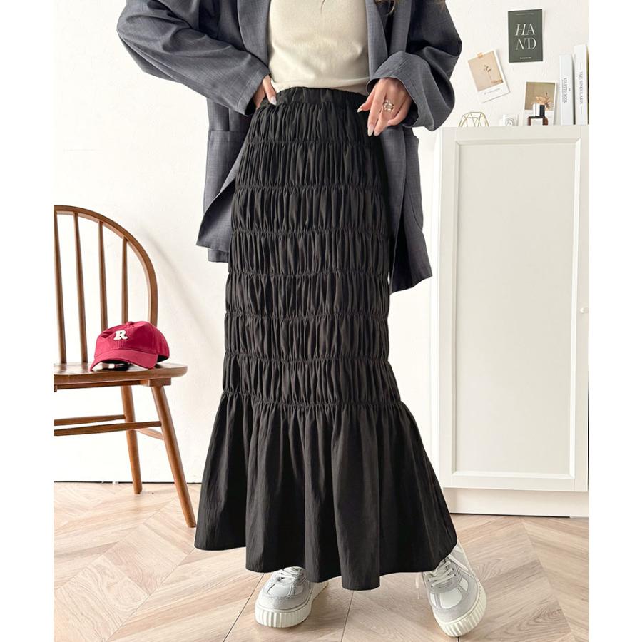 ボトムス スカート レディース マーメイド 風 たっぷり ギャザー シャーリング ナロー ロングスカート ウエスト ゴム 仕様 鷹見え 光沢感 | classicalelf | 03