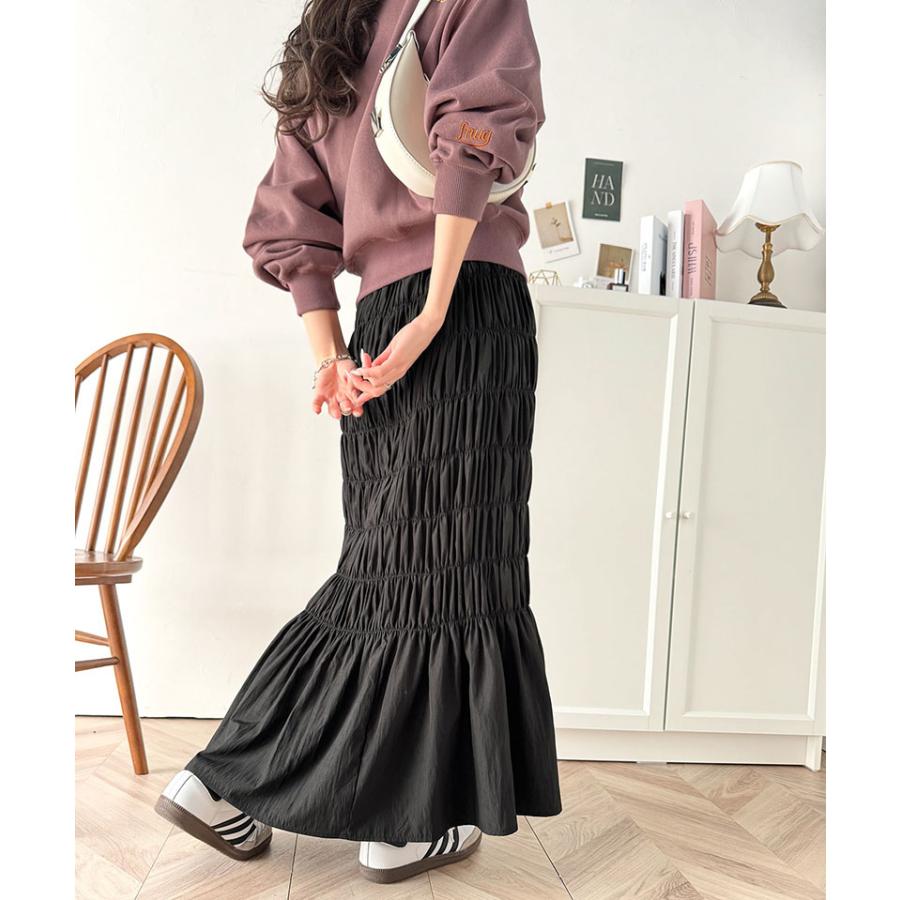 ボトムス スカート レディース マーメイド 風 たっぷり ギャザー シャーリング ナロー ロングスカート ウエスト ゴム 仕様 鷹見え 光沢感 | classicalelf | 04