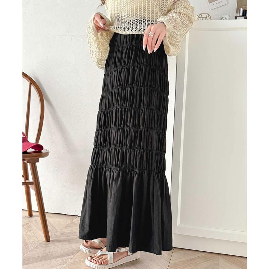 ボトムス スカート レディース マーメイド 風 たっぷり ギャザー シャーリング ナロー ロングスカート ウエスト ゴム 仕様 鷹見え 光沢感 | classicalelf | 06