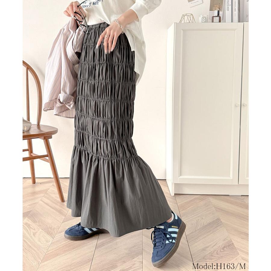 ボトムス スカート レディース マーメイド 風 たっぷり ギャザー シャーリング ナロー ロングスカート ウエスト ゴム 仕様 鷹見え 光沢感 | classicalelf | 07