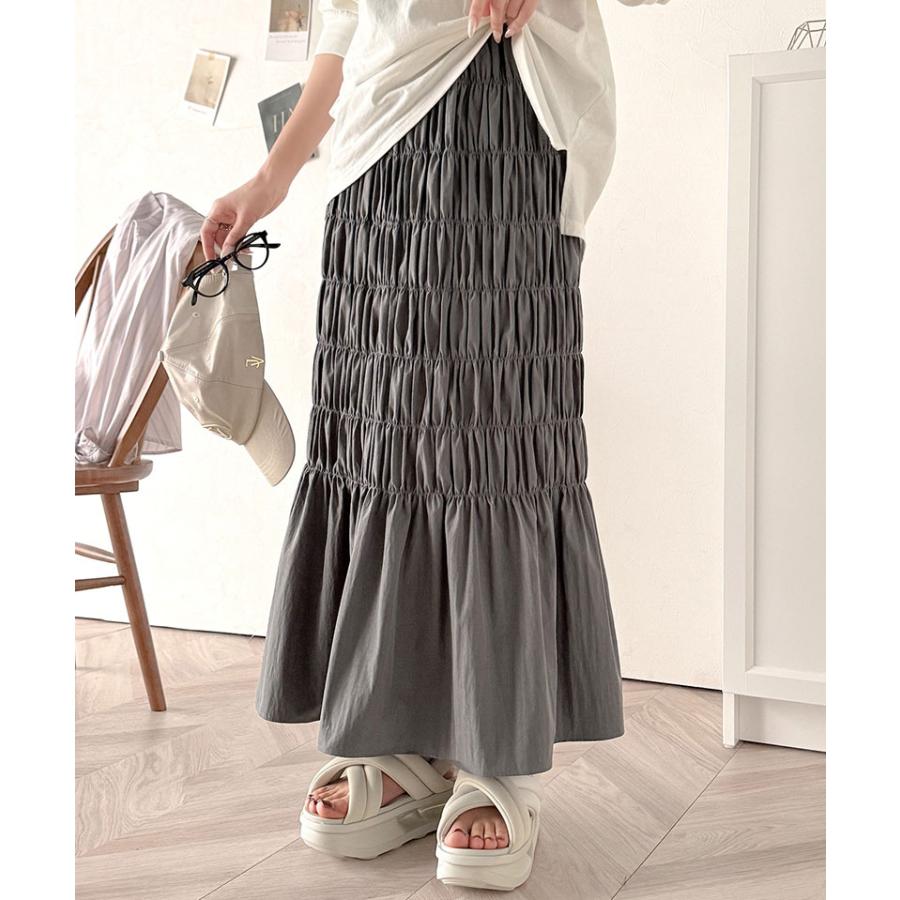 ボトムス スカート レディース マーメイド 風 たっぷり ギャザー シャーリング ナロー ロングスカート ウエスト ゴム 仕様 鷹見え 光沢感 | classicalelf | 08