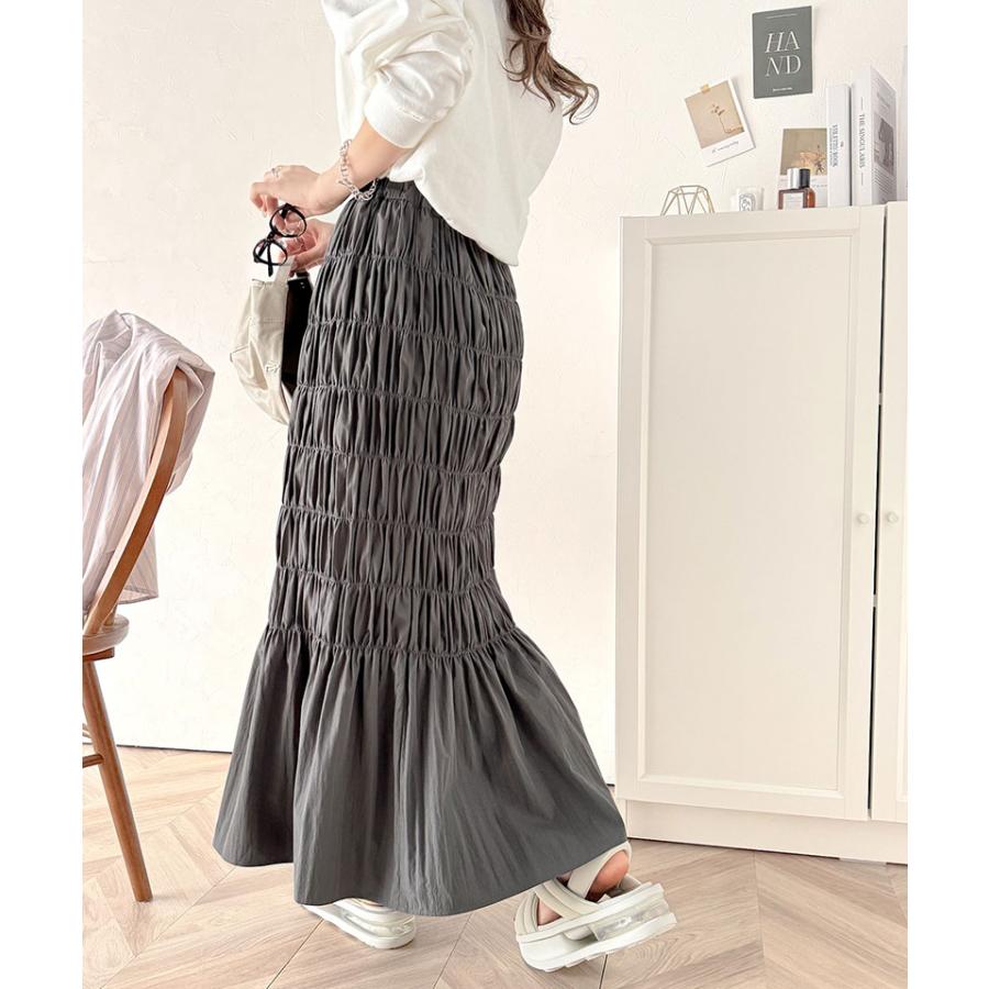 ボトムス スカート レディース マーメイド 風 たっぷり ギャザー シャーリング ナロー ロングスカート ウエスト ゴム 仕様 鷹見え 光沢感 | classicalelf | 09