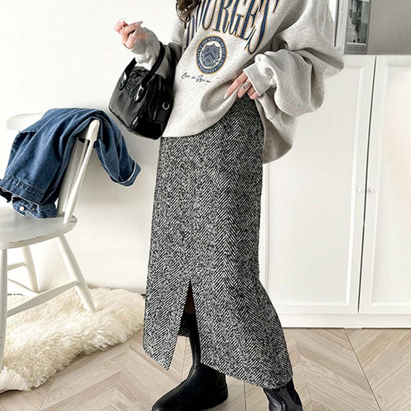 ボトムス スカート レディース ツイード ヘリンボーン ハイウエスト タイトスカート ロング 丈 フロント スリット ウエスト 後ろ ゴム 美 | classicalelf
