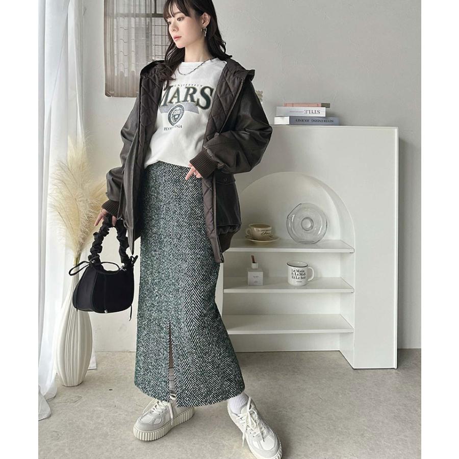 ボトムス スカート レディース ツイード ヘリンボーン ハイウエスト タイトスカート ロング 丈 フロント スリット ウエスト 後ろ ゴム 美 | classicalelf | 10