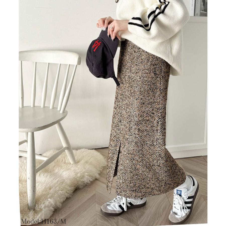 ボトムス スカート レディース ツイード ヘリンボーン ハイウエスト タイトスカート ロング 丈 フロント スリット ウエスト 後ろ ゴム 美 | classicalelf | 11