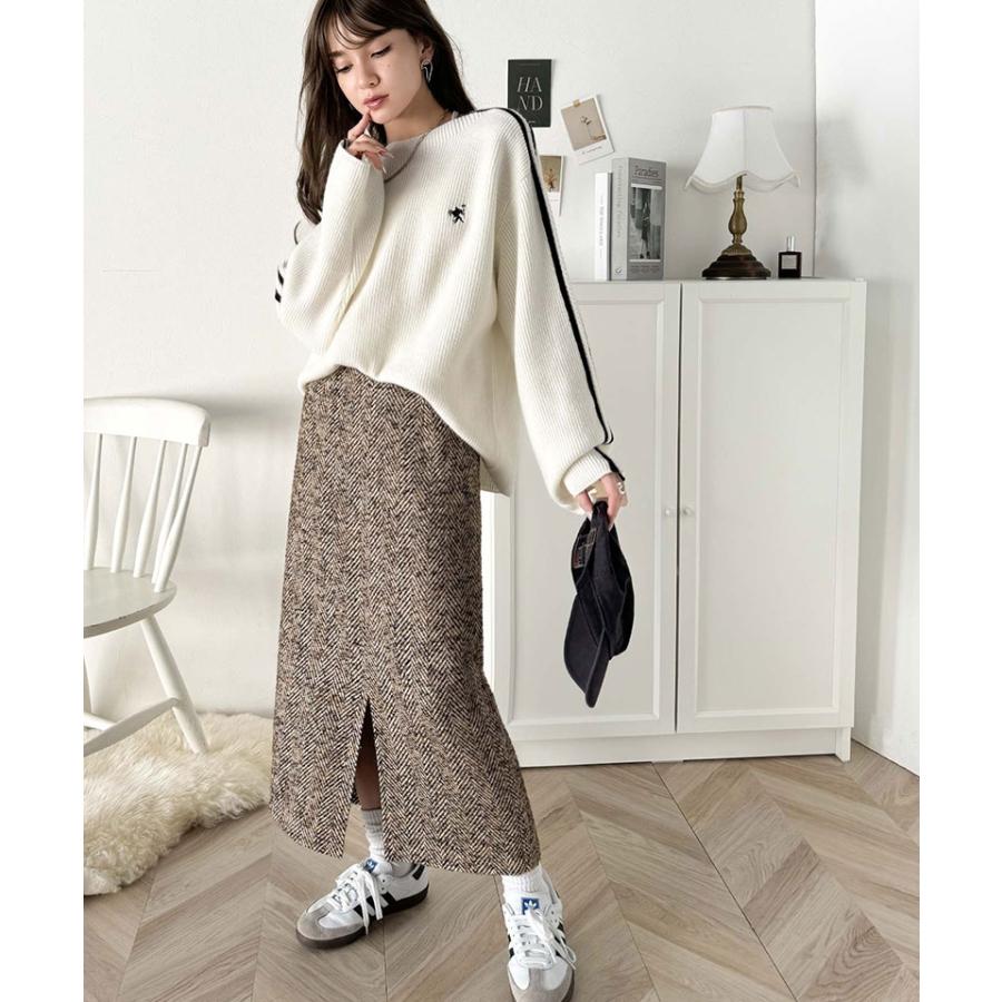 ボトムス スカート レディース ツイード ヘリンボーン ハイウエスト タイトスカート ロング 丈 フロント スリット ウエスト 後ろ ゴム 美 | classicalelf | 12