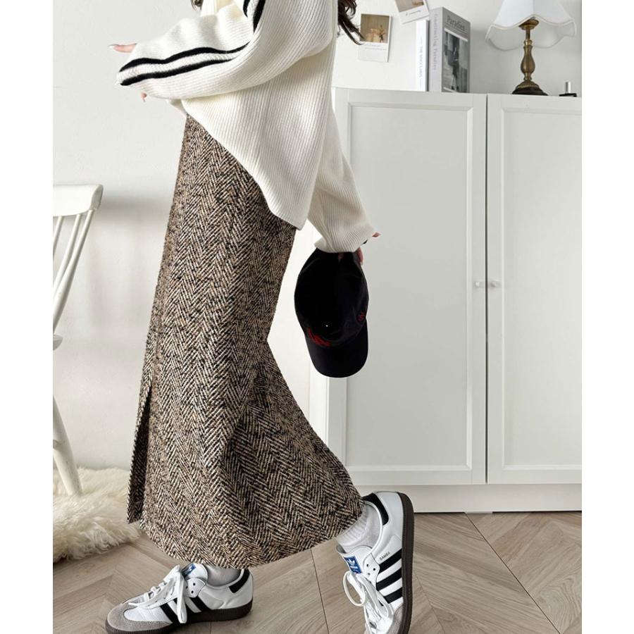 ボトムス スカート レディース ツイード ヘリンボーン ハイウエスト タイトスカート ロング 丈 フロント スリット ウエスト 後ろ ゴム 美 | classicalelf | 13