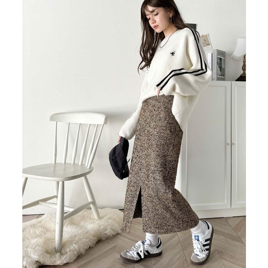 ボトムス スカート レディース ツイード ヘリンボーン ハイウエスト タイトスカート ロング 丈 フロント スリット ウエスト 後ろ ゴム 美 | classicalelf | 14