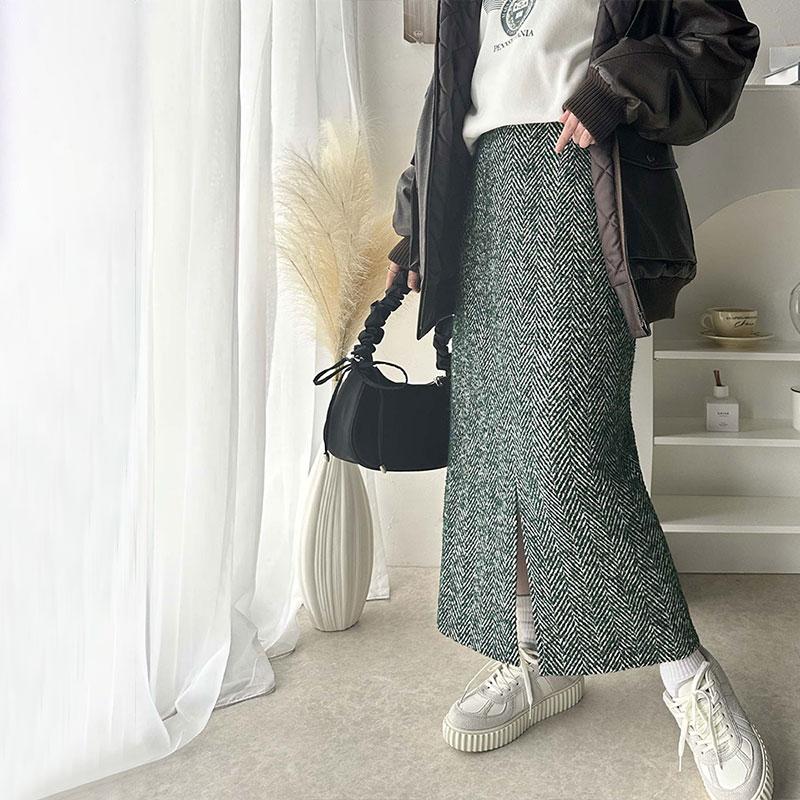 ボトムス スカート レディース ツイード ヘリンボーン ハイウエスト タイトスカート ロング 丈 フロント スリット ウエスト 後ろ ゴム 美 | classicalelf | 17