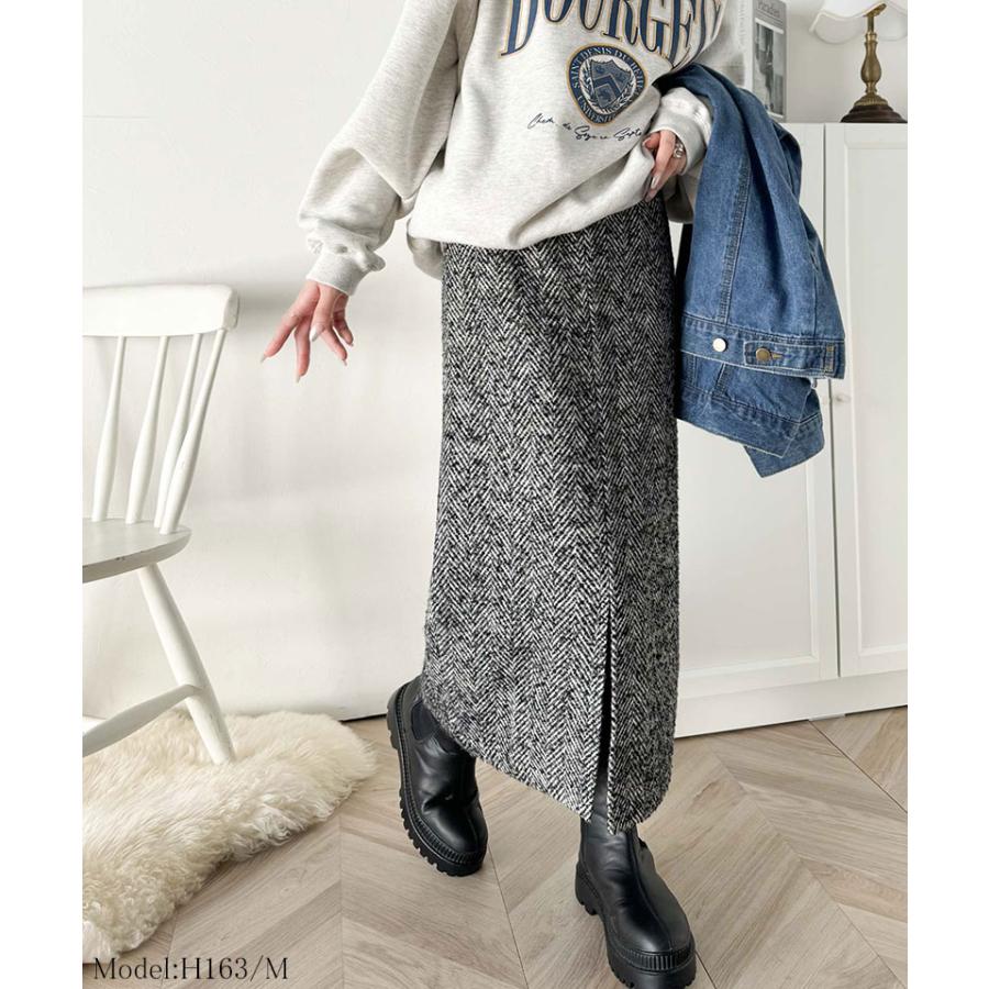 ボトムス スカート レディース ツイード ヘリンボーン ハイウエスト タイトスカート ロング 丈 フロント スリット ウエスト 後ろ ゴム 美 | classicalelf | 02