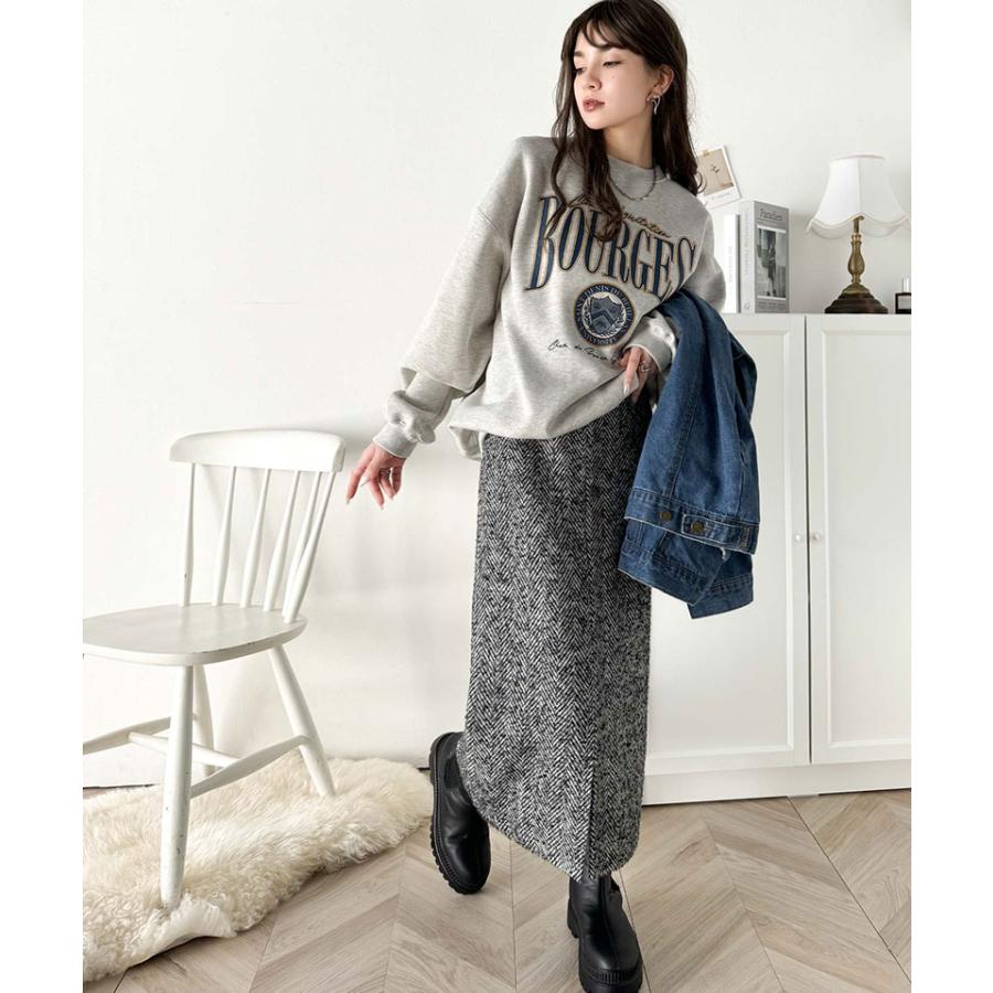 ボトムス スカート レディース ツイード ヘリンボーン ハイウエスト タイトスカート ロング 丈 フロント スリット ウエスト 後ろ ゴム 美 | classicalelf | 03