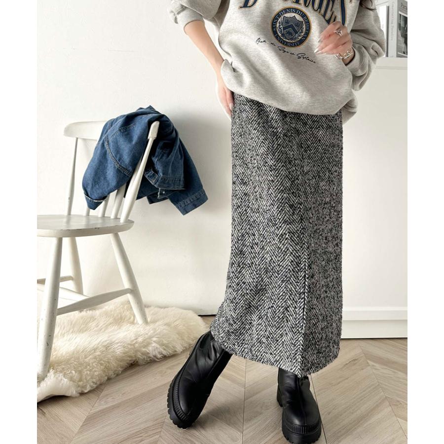 ボトムス スカート レディース ツイード ヘリンボーン ハイウエスト タイトスカート ロング 丈 フロント スリット ウエスト 後ろ ゴム 美 | classicalelf | 04