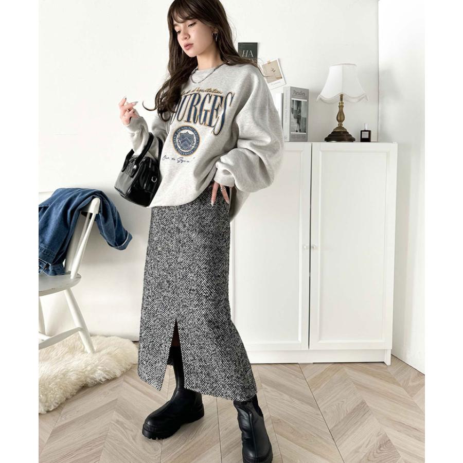 ボトムス スカート レディース ツイード ヘリンボーン ハイウエスト タイトスカート ロング 丈 フロント スリット ウエスト 後ろ ゴム 美 | classicalelf | 05