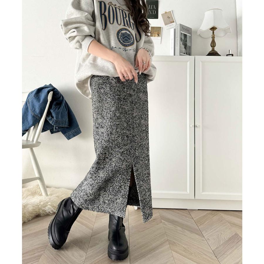 ボトムス スカート レディース ツイード ヘリンボーン ハイウエスト タイトスカート ロング 丈 フロント スリット ウエスト 後ろ ゴム 美 | classicalelf | 06