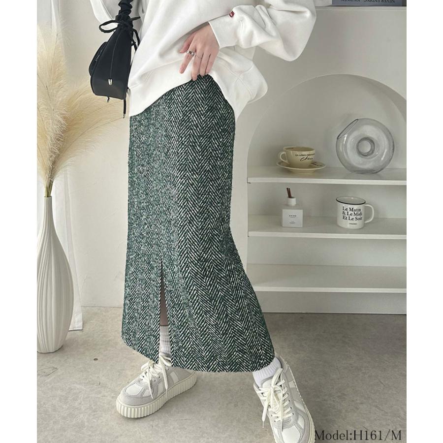 ボトムス スカート レディース ツイード ヘリンボーン ハイウエスト タイトスカート ロング 丈 フロント スリット ウエスト 後ろ ゴム 美 | classicalelf | 07