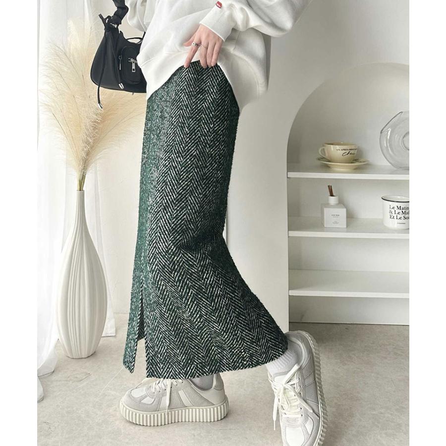 ボトムス スカート レディース ツイード ヘリンボーン ハイウエスト タイトスカート ロング 丈 フロント スリット ウエスト 後ろ ゴム 美 | classicalelf | 08