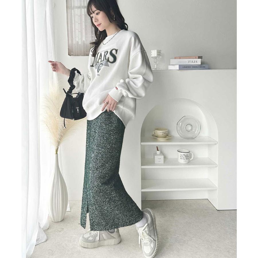 ボトムス スカート レディース ツイード ヘリンボーン ハイウエスト タイトスカート ロング 丈 フロント スリット ウエスト 後ろ ゴム 美 | classicalelf | 09