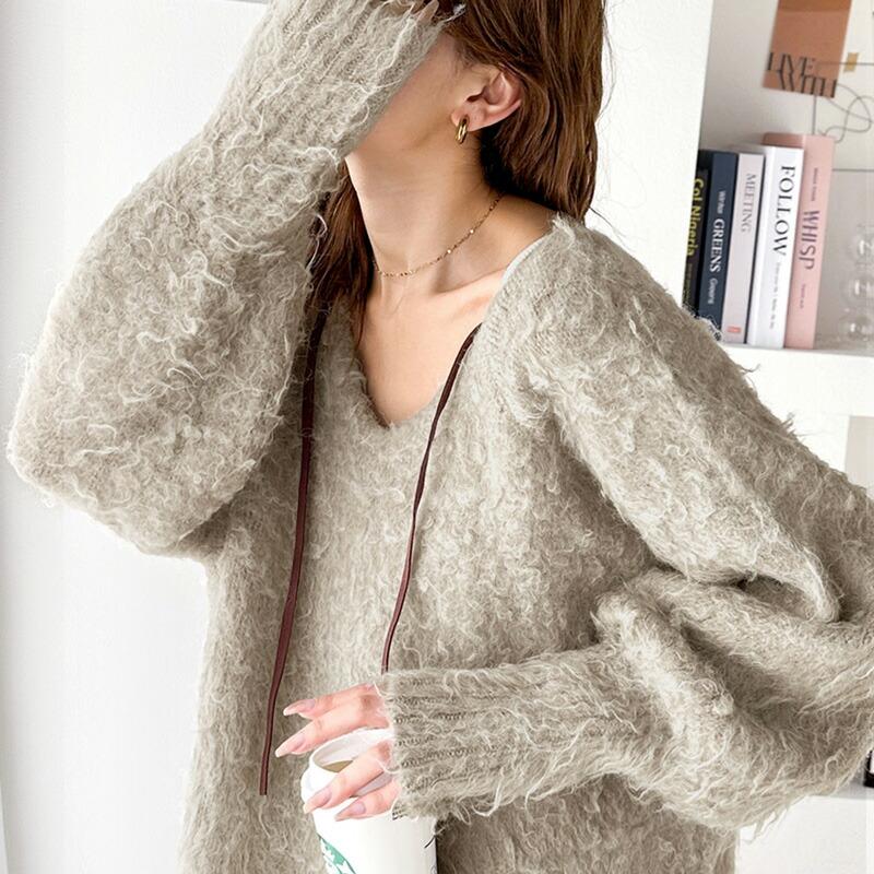 トップス ニット レディース セーター 前後2way 貴族式 ふんわり 起毛 Vネック プルオーバー オーバーサイズ リボン ウール混 フェザー | classicalelf