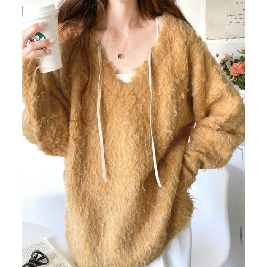 トップス ニット レディース セーター 前後2way 貴族式 ふんわり 起毛 Vネック プルオーバー オーバーサイズ リボン ウール混 フェザー | classicalelf | 13