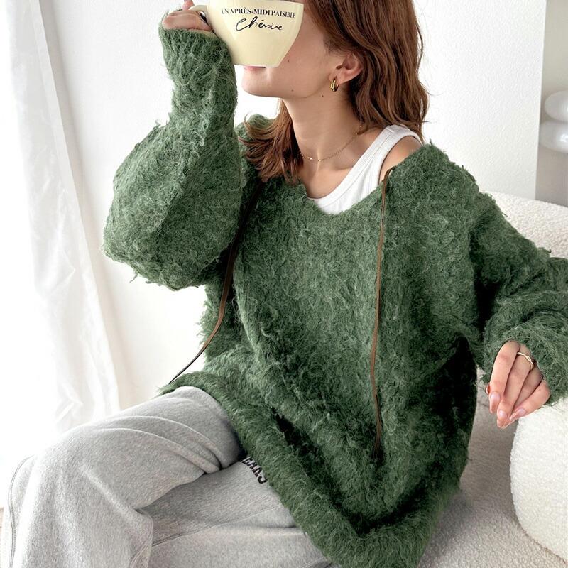 トップス ニット レディース セーター 前後2way 貴族式 ふんわり 起毛 Vネック プルオーバー オーバーサイズ リボン ウール混 フェザー | classicalelf | 18