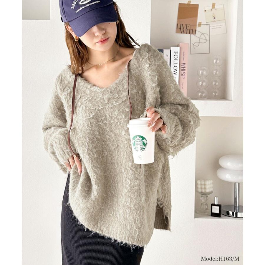 トップス ニット レディース セーター 前後2way 貴族式 ふんわり 起毛 Vネック プルオーバー オーバーサイズ リボン ウール混 フェザー | classicalelf | 02