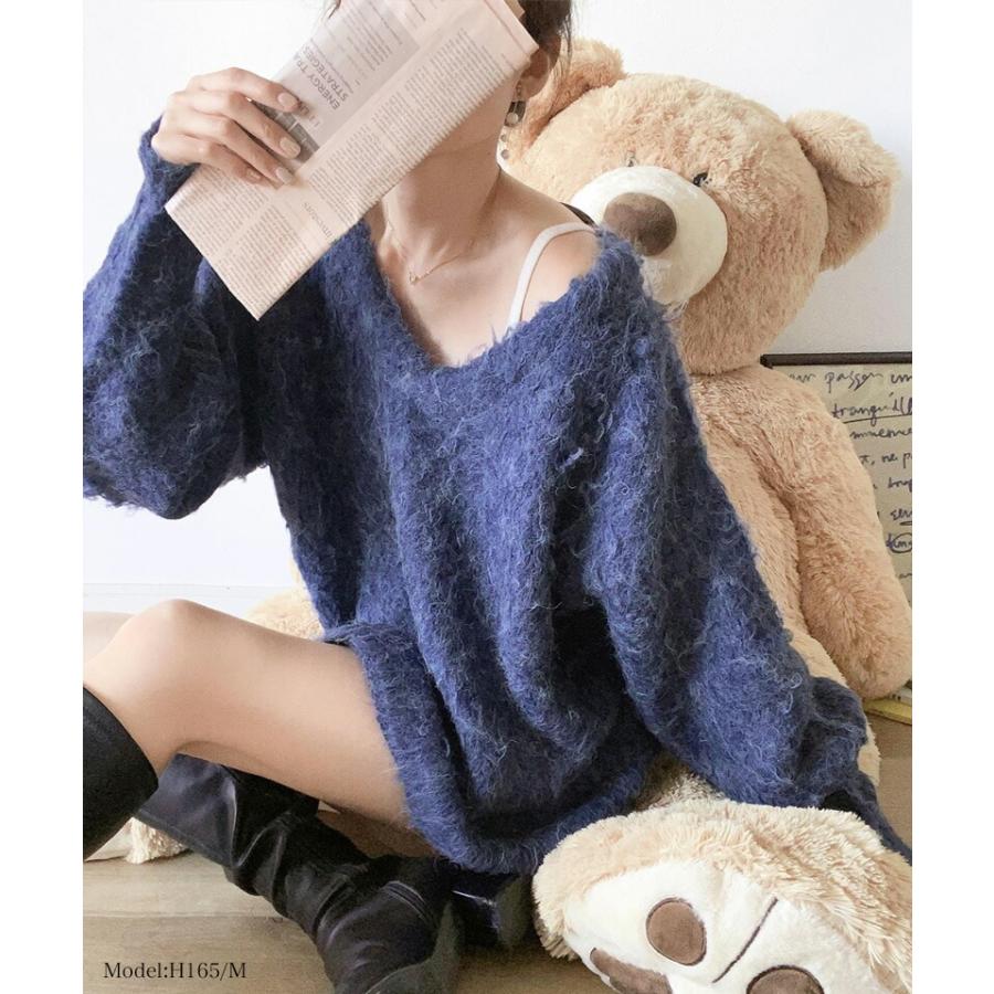 トップス ニット レディース セーター 前後2way 貴族式 ふんわり 起毛 Vネック プルオーバー オーバーサイズ リボン ウール混 フェザー | classicalelf | 08