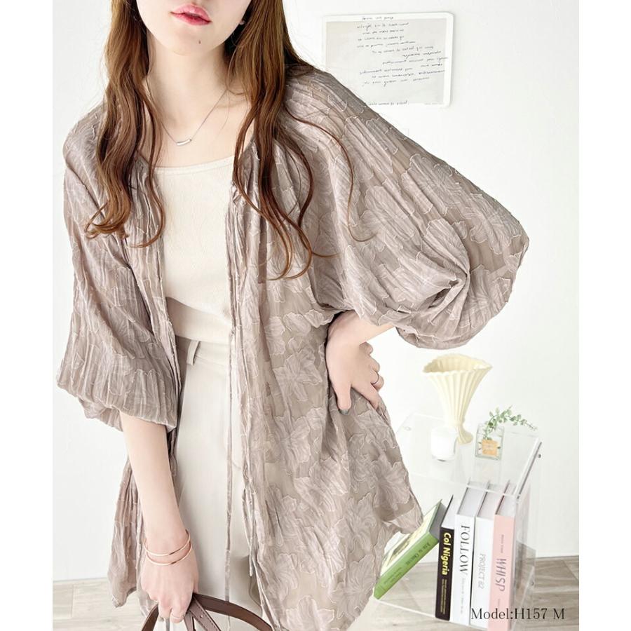 トップス ブラウス レディース ほどよい 透け感 前後 2way ボリュームスリーブ 三段 リボン シアー ジャガード クリンクル 加工 シャツ | classicalelf | 10